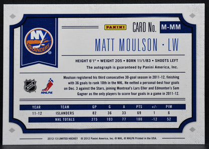 2012-13 Panini Limited Monikers Matt Moulson Islanders Auto 40/49 Jersey 9084