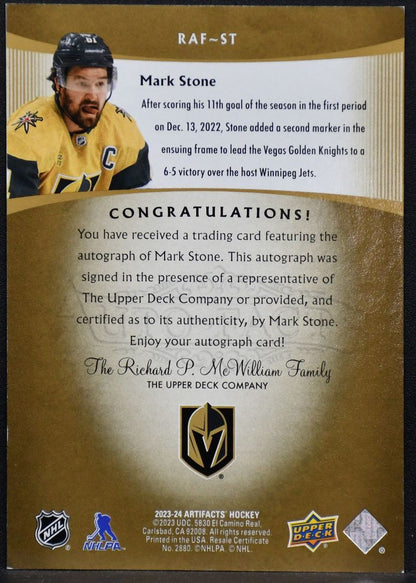 2023-24 UD Artifacts Autofacts Mark Stone RAF-ST Vegas Golden Knights Auto