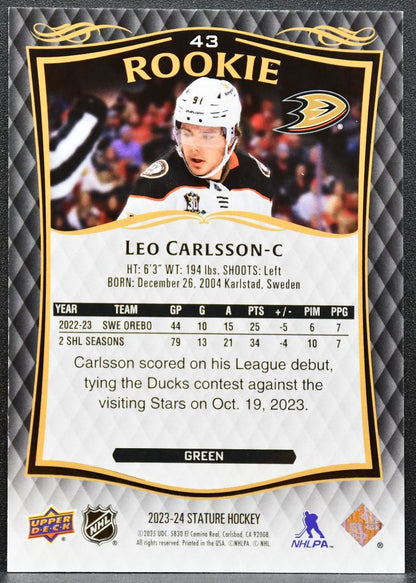 2023-24 Upper Deck Stature Rookie Green Leo Carlsson 43 Ducks RC 008/375 6043
