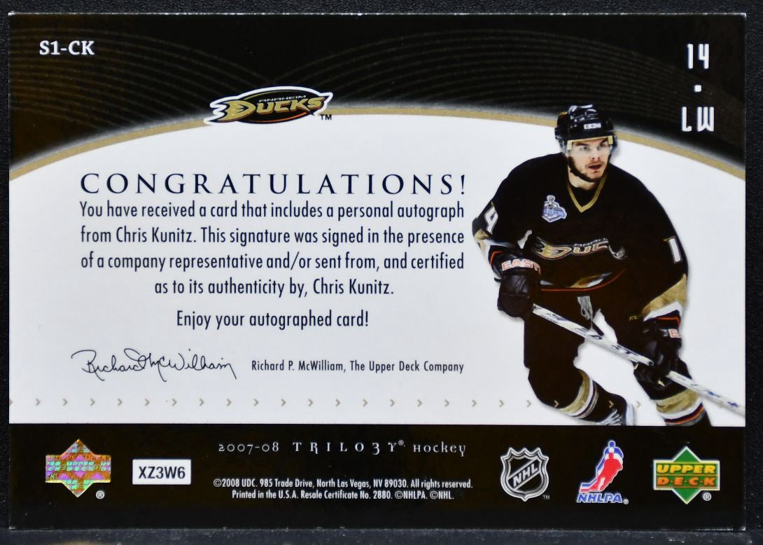 2007-08 UD Trilogy Script One Young Stars Chris Kunitz Anaheim Ducks Auto 6099