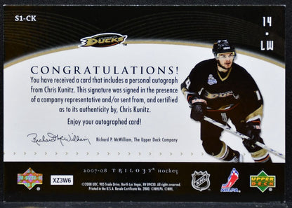 2007-08 UD Trilogy Script One Young Stars Chris Kunitz Anaheim Ducks Auto 6099
