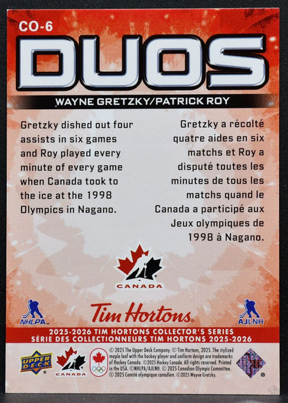 2025-26 Upper Deck Tim Hortons Duos Wayne Gretzky/Patrick Roy CO-6 Canada 7825