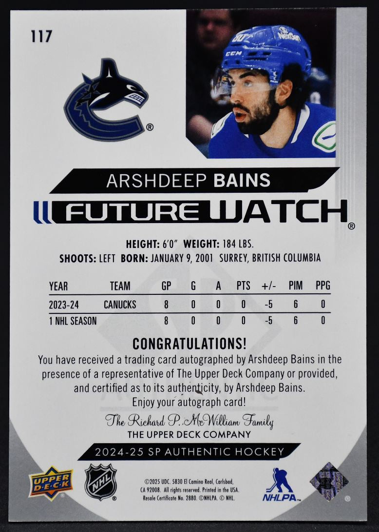 2024-25 SP Authentic Future Watch Arshdeep Bains Vancouver Canucks RC Auto /999