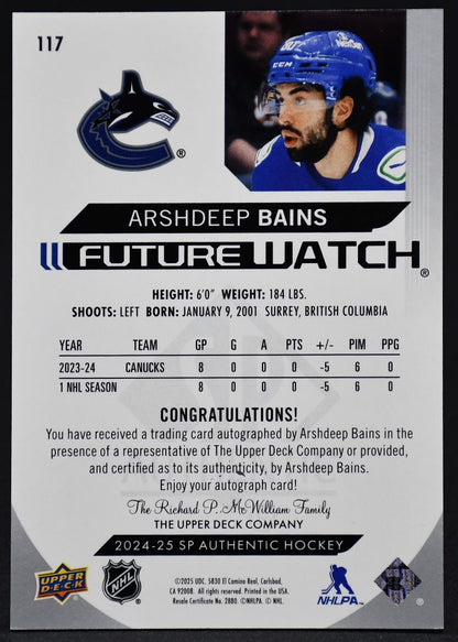 2024-25 SP Authentic Future Watch Arshdeep Bains Vancouver Canucks RC Auto /999