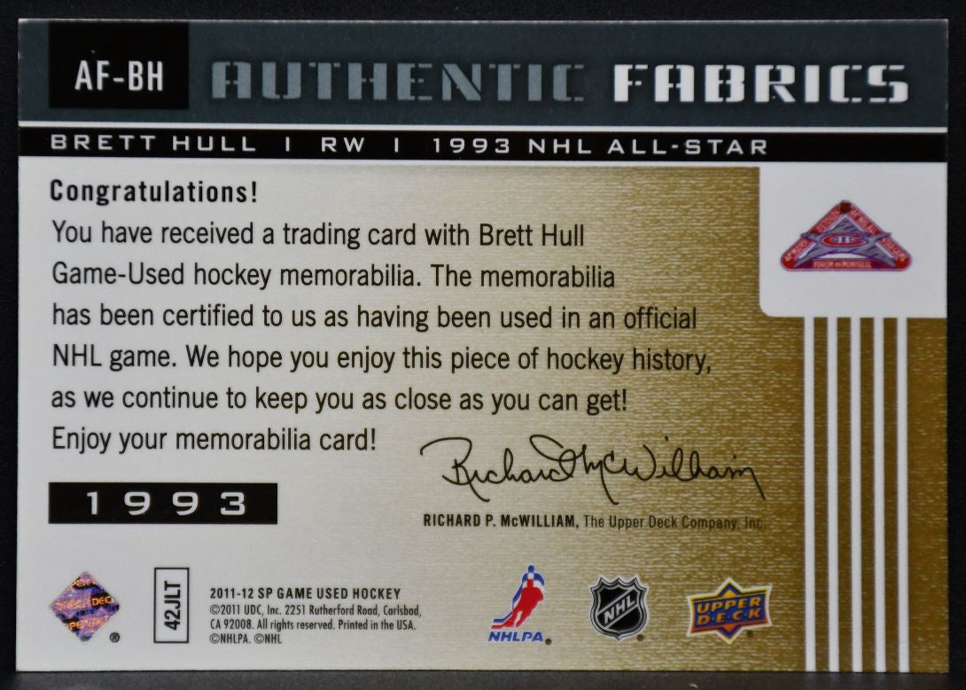2011-12 SP Game Used Authentic Fabrics Brett Hull 1993 NHL All-Star Team Jersey 7016