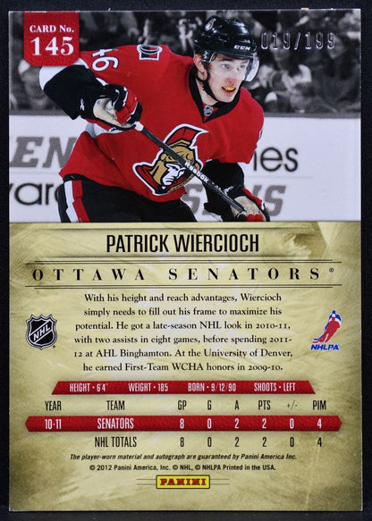 2011-12 Panini Prime Patrick Wiercioch 145 Senators RC Auto 019/199 Jersey 6542