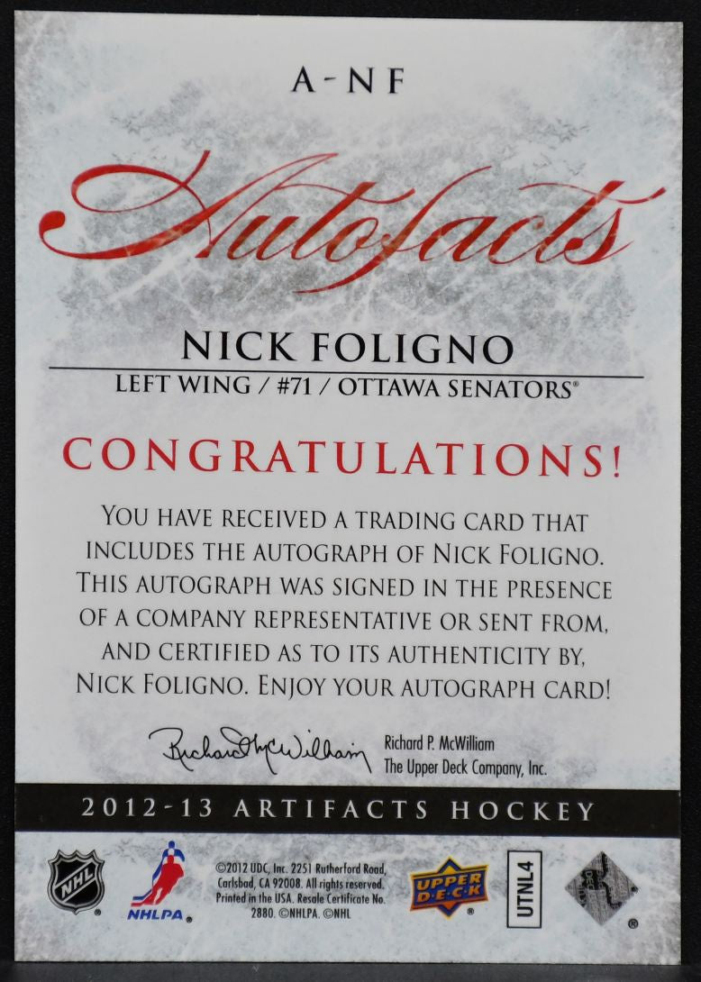 2012-13 UD Artifacts Autofacts Nick Foligno A-NF Ottawa Senators Auto