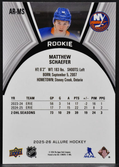 2025-26 Upper Deck Allure Rookie Matthew Schaefer AR-MS RC 2019