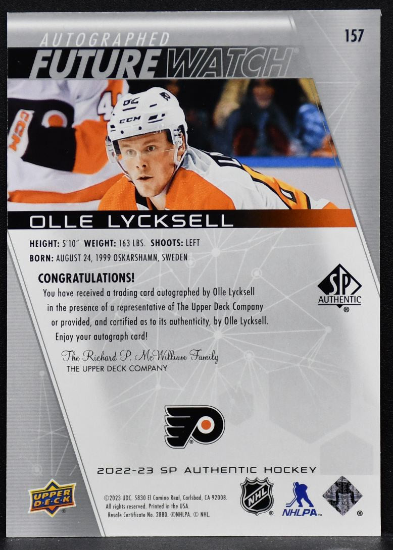 2022-23 SP Authentic Future Watch Autographed Olle Lycksell 157  RC Auto 766/999