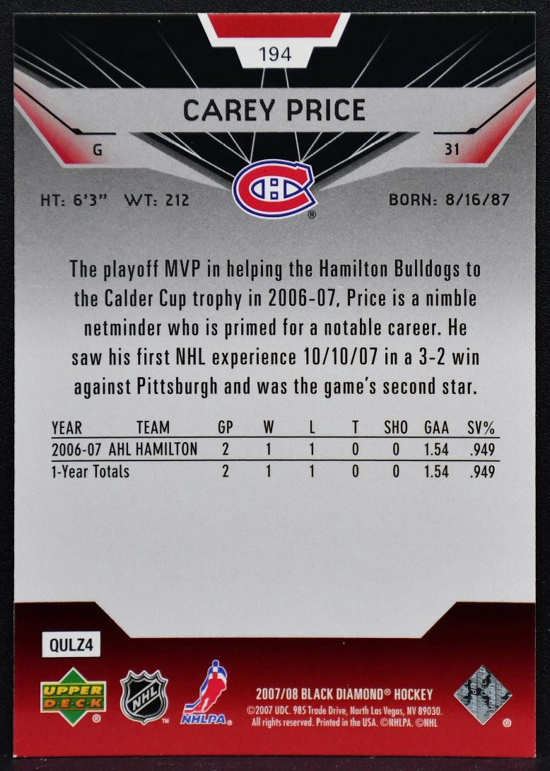 2007-08 Upper Deck Black Diamond Rookie Gems Carey Price 194 RC 3061