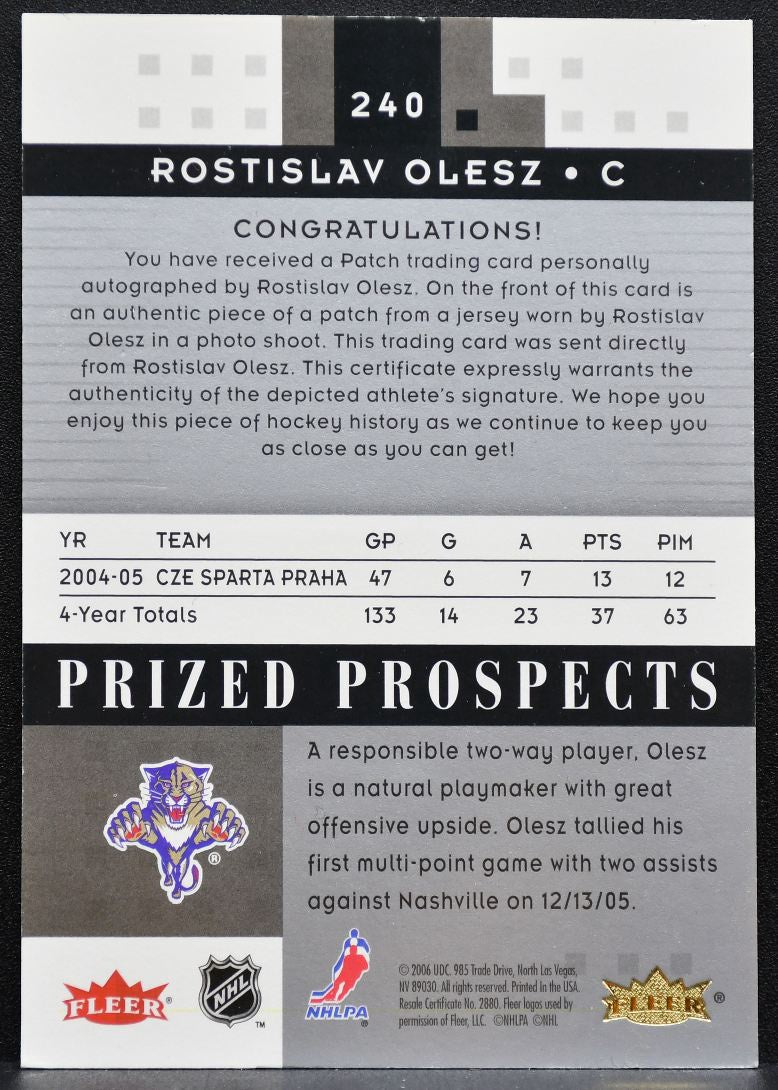 2005-06 Fleer Hot Prospects Prized Patch Auto Olesz RC Auto 260/349 Jersey 2497