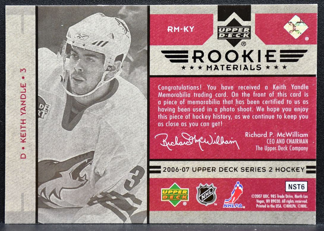 2006-07 UD Series 2 Rookie Materials Keith Yandle Phoenix Coyotes RC Jersey 0219