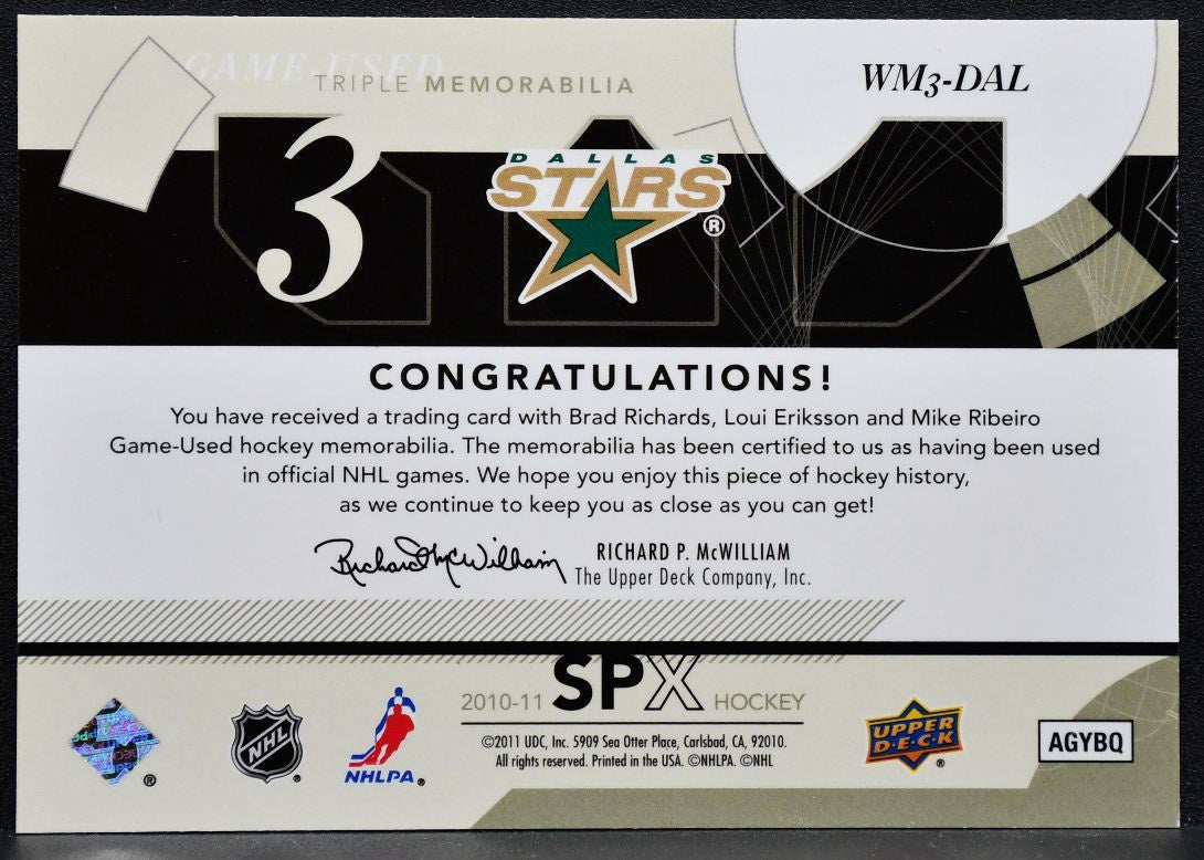 2010-11 SPx Winning Trios Ribeiro/Eriksson/Richards Stars Jersey 4442