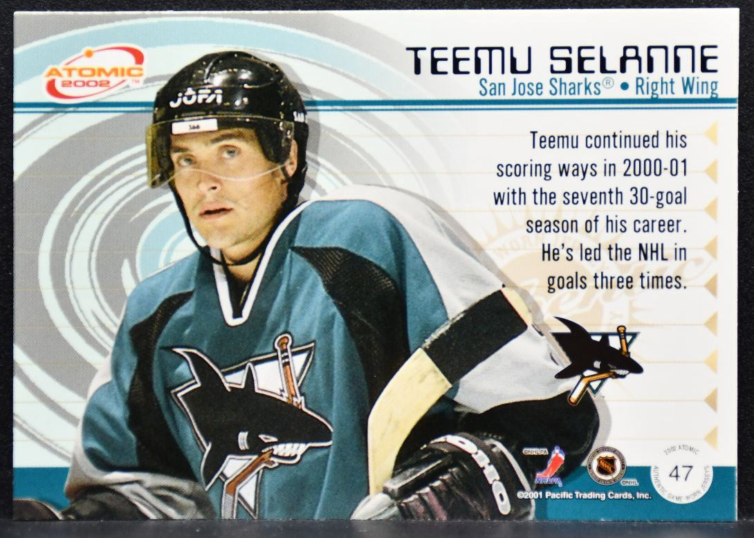 2001-02 Pacific Atomic Jerseys Teemu Selanne 47 San Jose Sharks Jersey 7966
