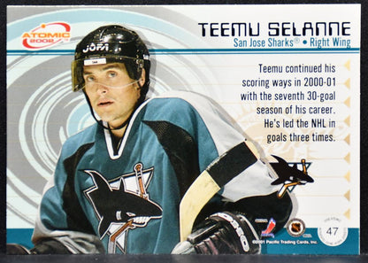 2001-02 Pacific Atomic Jerseys Teemu Selanne 47 San Jose Sharks Jersey 7966