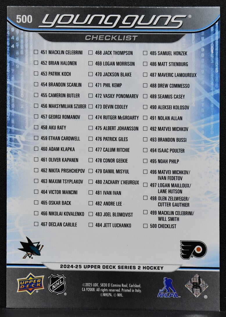 2024-25 UD Series 2 Young Guns Checklist Celebrini / Michkov RC 7732