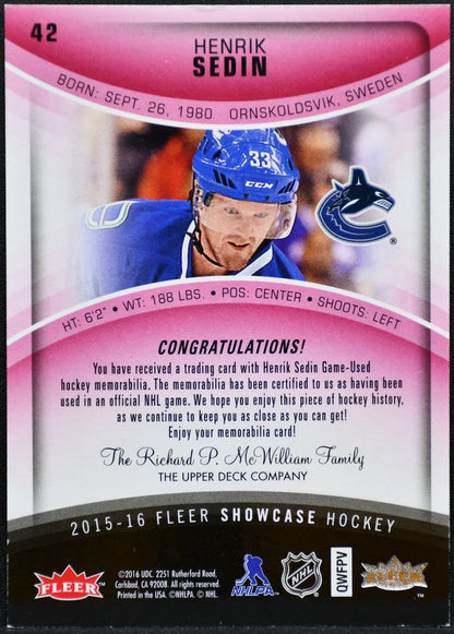 2015-16 Fleer Showcase Jersey Red Glow Henrik Sedin 42 Canucks 73/99 Jersey 9638