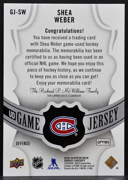 2018-19 Upper Deck Series 1 UD Game Jersey Shea Weber Canadiens Jersey 5574