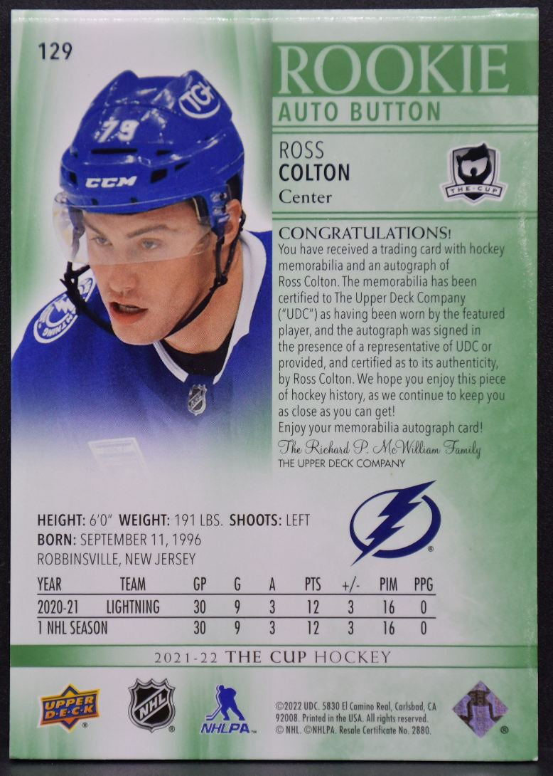 2021-22 UD The Cup Green Foil Auto Button Ross Colton RC Auto Button 0947