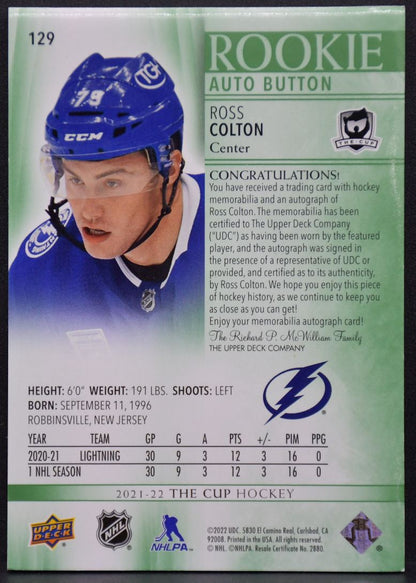 2021-22 UD The Cup Green Foil Auto Button Ross Colton RC Auto Button 0947