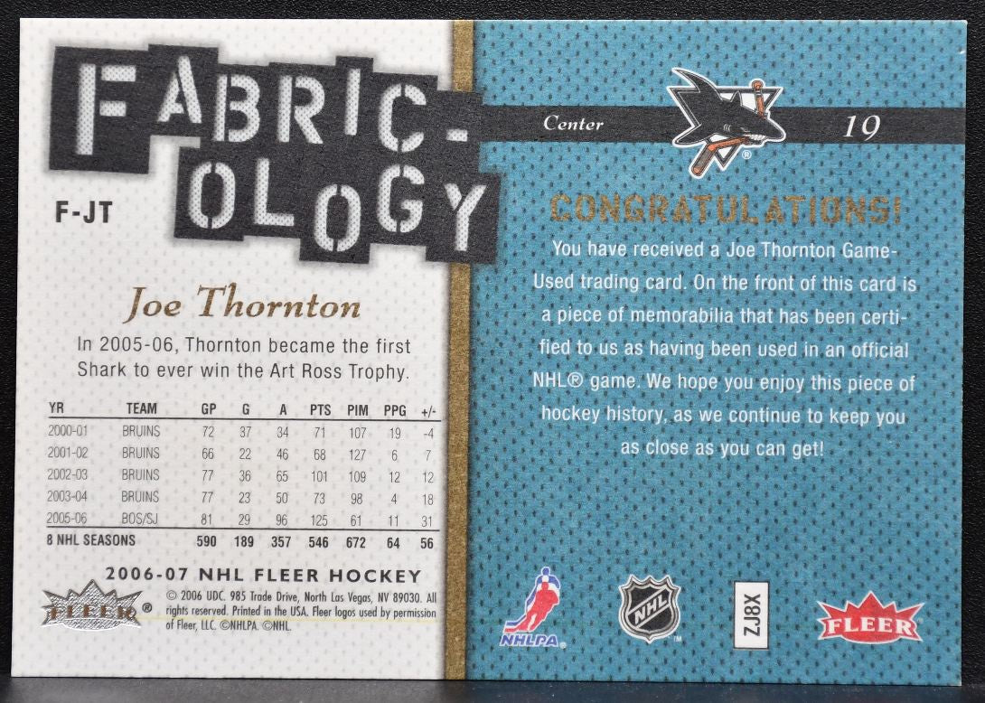 2006-07 Fleer Fabric-ology Joe Thornton F-JT San Jose Sharks Jersey 7875
