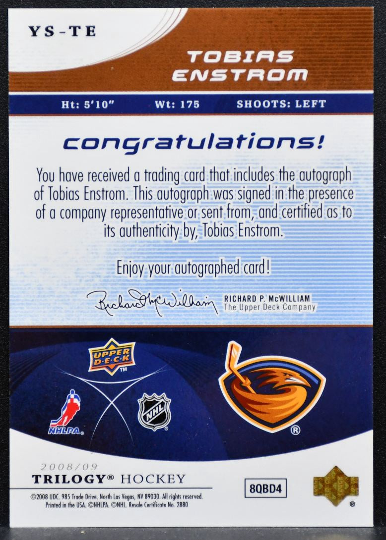 2008-09 UD Trilogy Young Star Scripts Tobias Enstrom YS-TE Thrashers Auto 6181