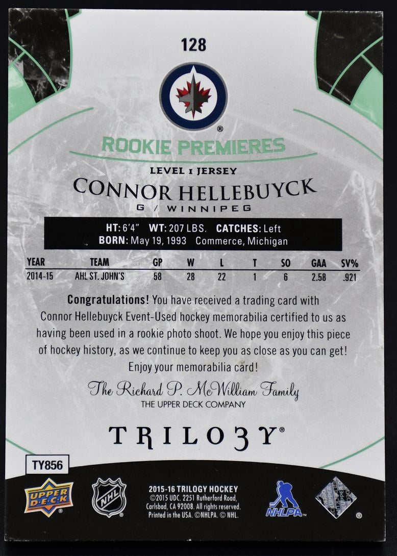 2015-16 UD Trilogy Rookie Premieres Connor Hellebuyck 128 RC Jersey