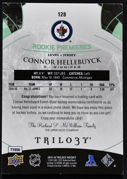 2015-16 UD Trilogy Rookie Premieres Connor Hellebuyck 128 RC Jersey