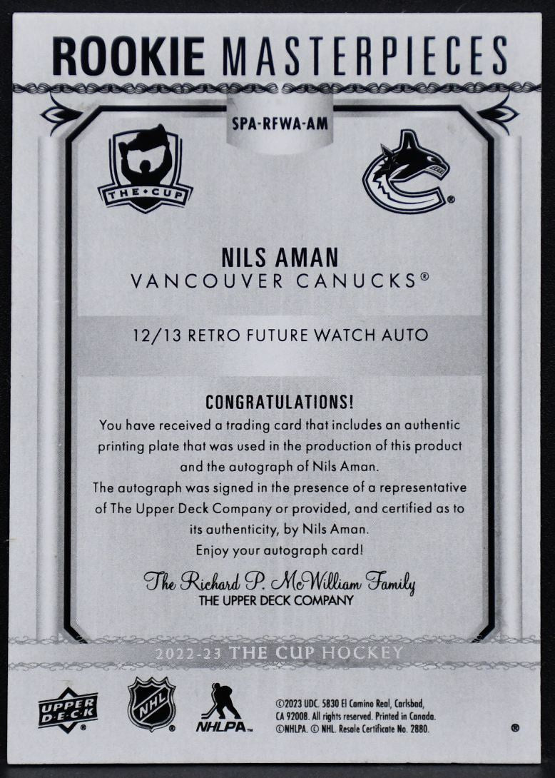 2023-24 UD The Cup Rookie Masterpieces Nils Aman SPA-RFWA-AM RC Auto 1/1