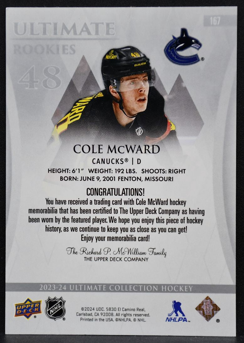 23-24 UD Ultimate Collection RC Jersey Cole McWard 167 Vancouver Canucks RC /599 6843
