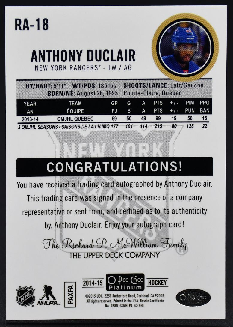 2014-15 OPC Platinum Anthony Duclair RA-18 RC Auto