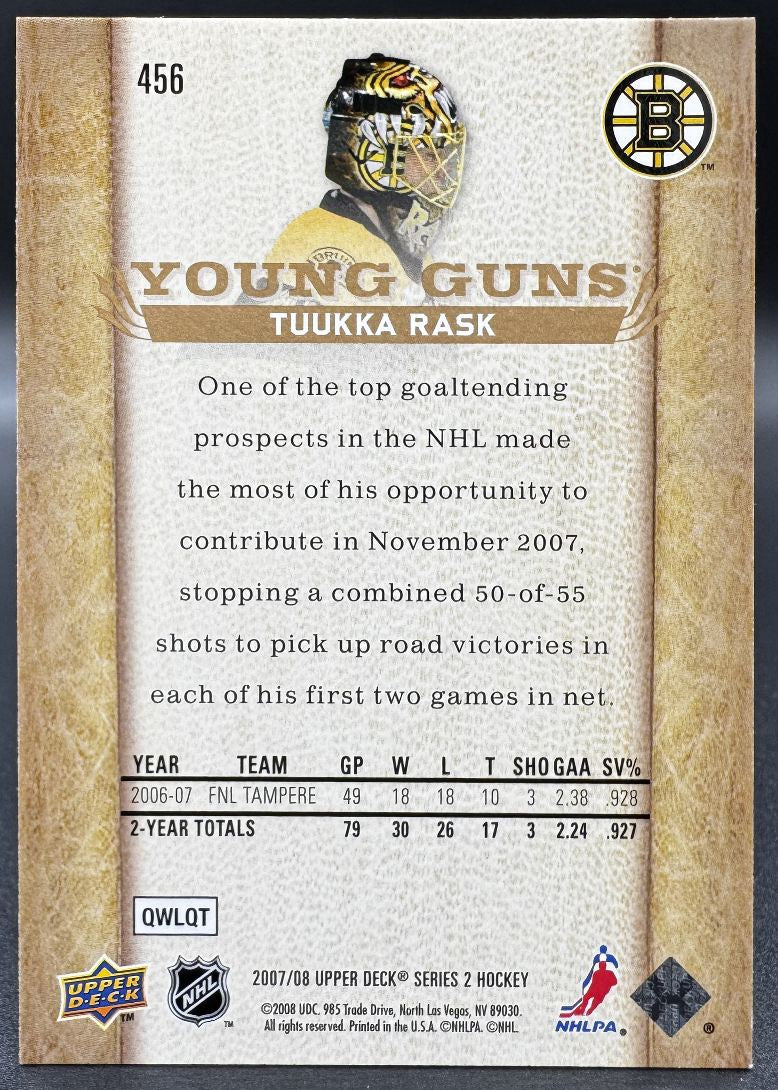 2007-08 UD Young Guns Tuukka Rask 456 Bruins de Boston RC