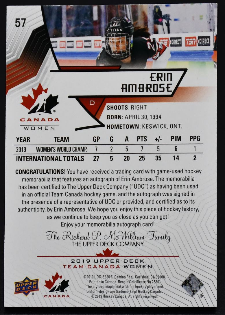 2019-20 UD Team Canada Juniors Auto Patch Erin Ambrose 57 Auto /199 Patch