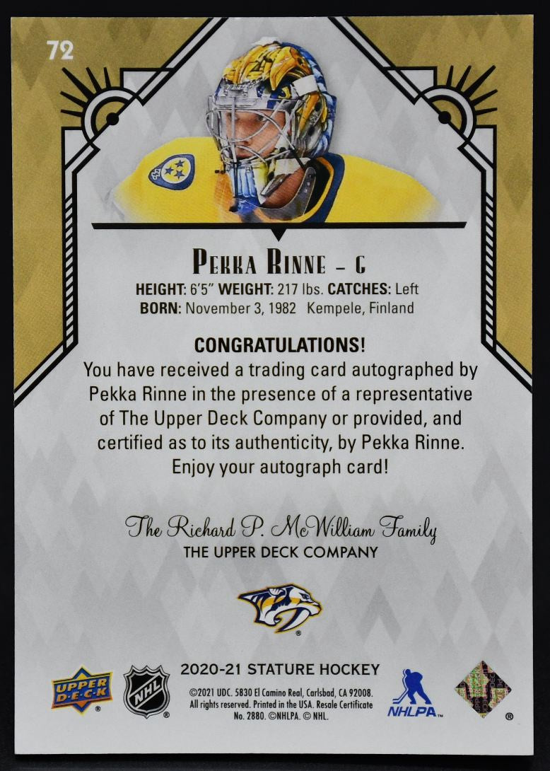 2020-21 UD Stature Pekka Rinne 72 Auto