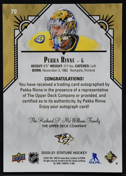 2020-21 UD Stature Pekka Rinne 72 Auto