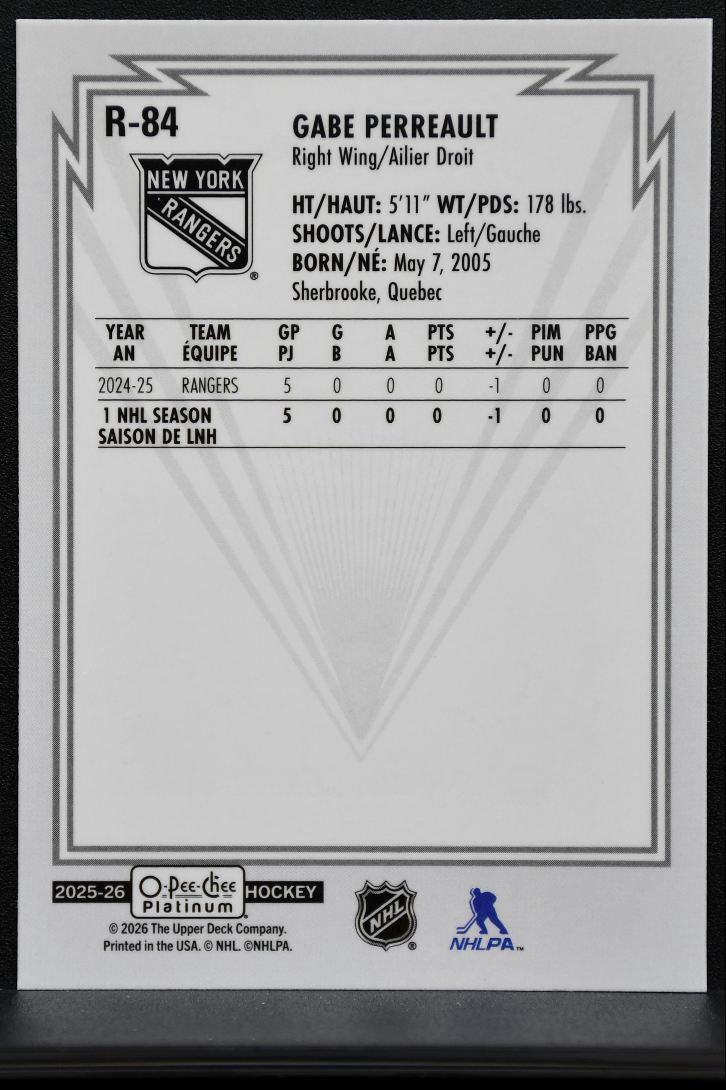 2025-26 O-Pee-Chee Platinum Retro Rookie Gabe Perreault New York Rangers RC 3826