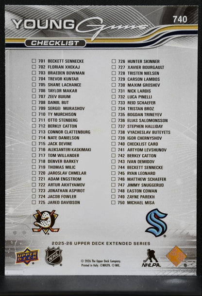 2025-26 UD Extended Series Young Guns Checklist Sennecke / Catton RC 1495