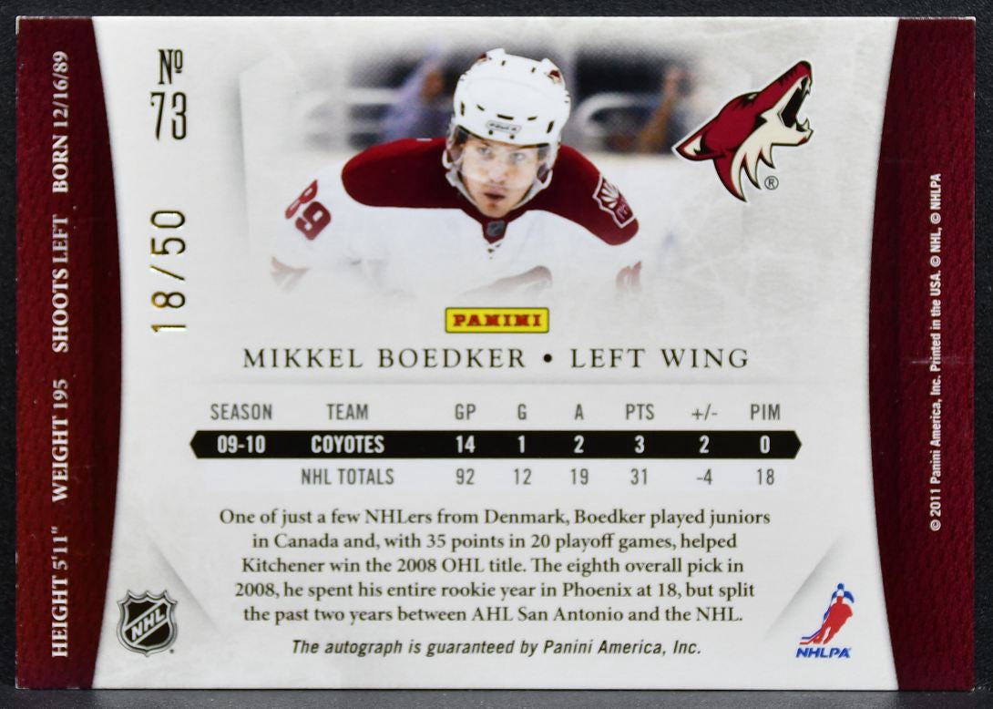2011-12 Panini Prime Mikkel Boedker 73 Montreal Canadiens RC Auto 18/50 0874