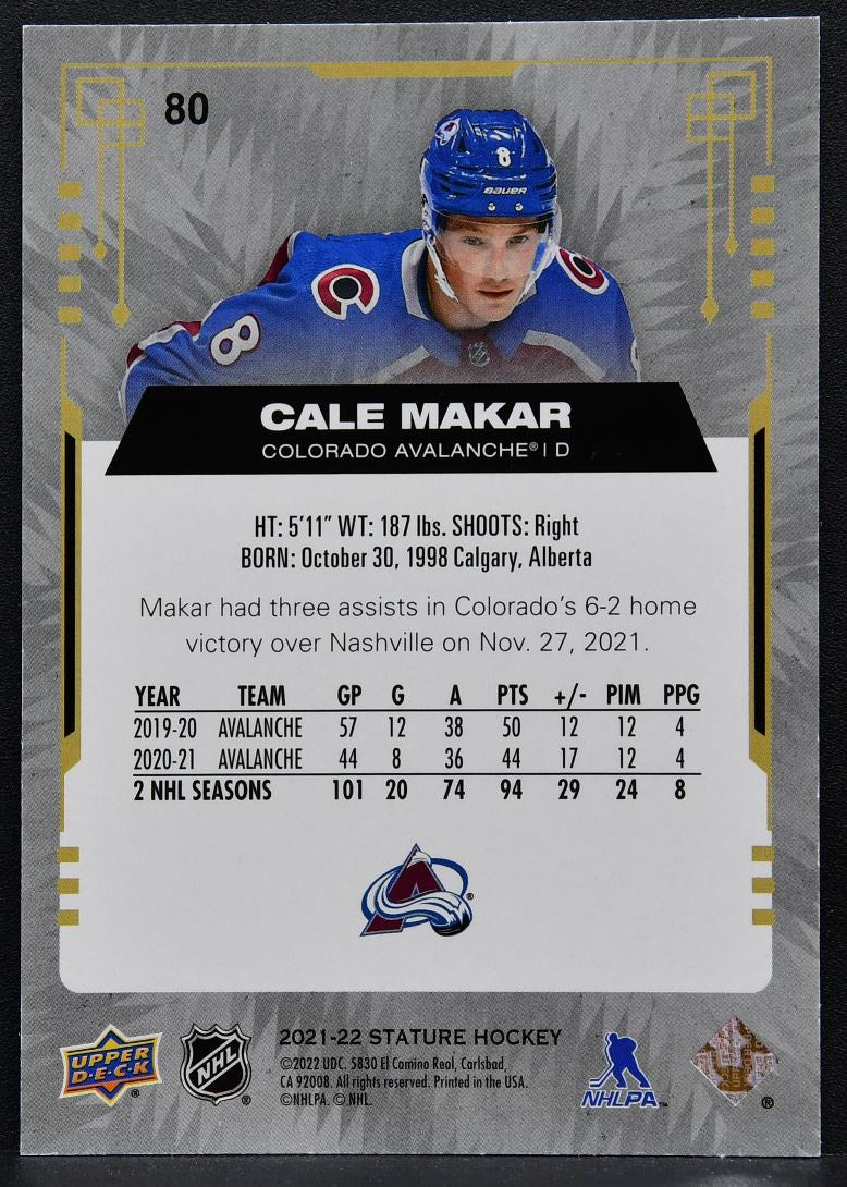 2021-22 Upper Deck Stature Green Cale Makar 80 Colorado Avalanche /149 8137
