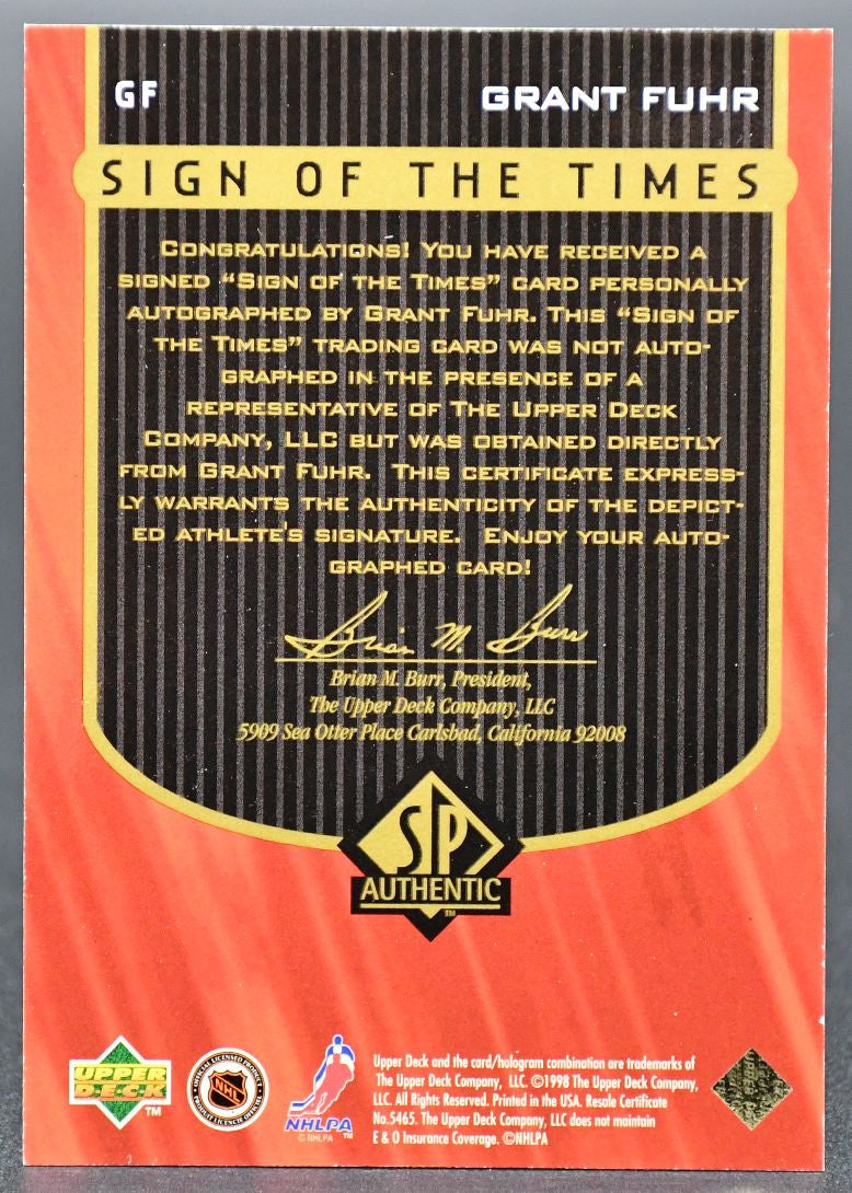 1998-99 SP Authentic Sign of the Times Grant Fuhr T7 Edmonton Oilers Auto