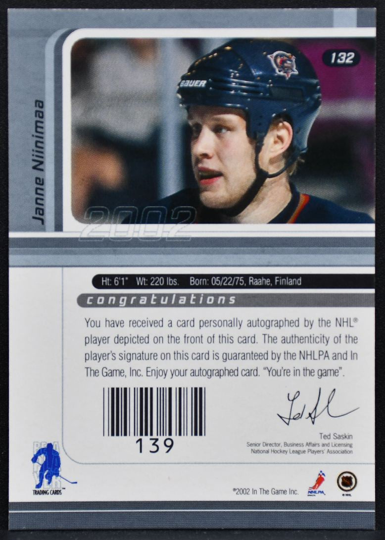 2002-03 In The Game Signature Series Janne Niinimaa 132 Auto 4846
