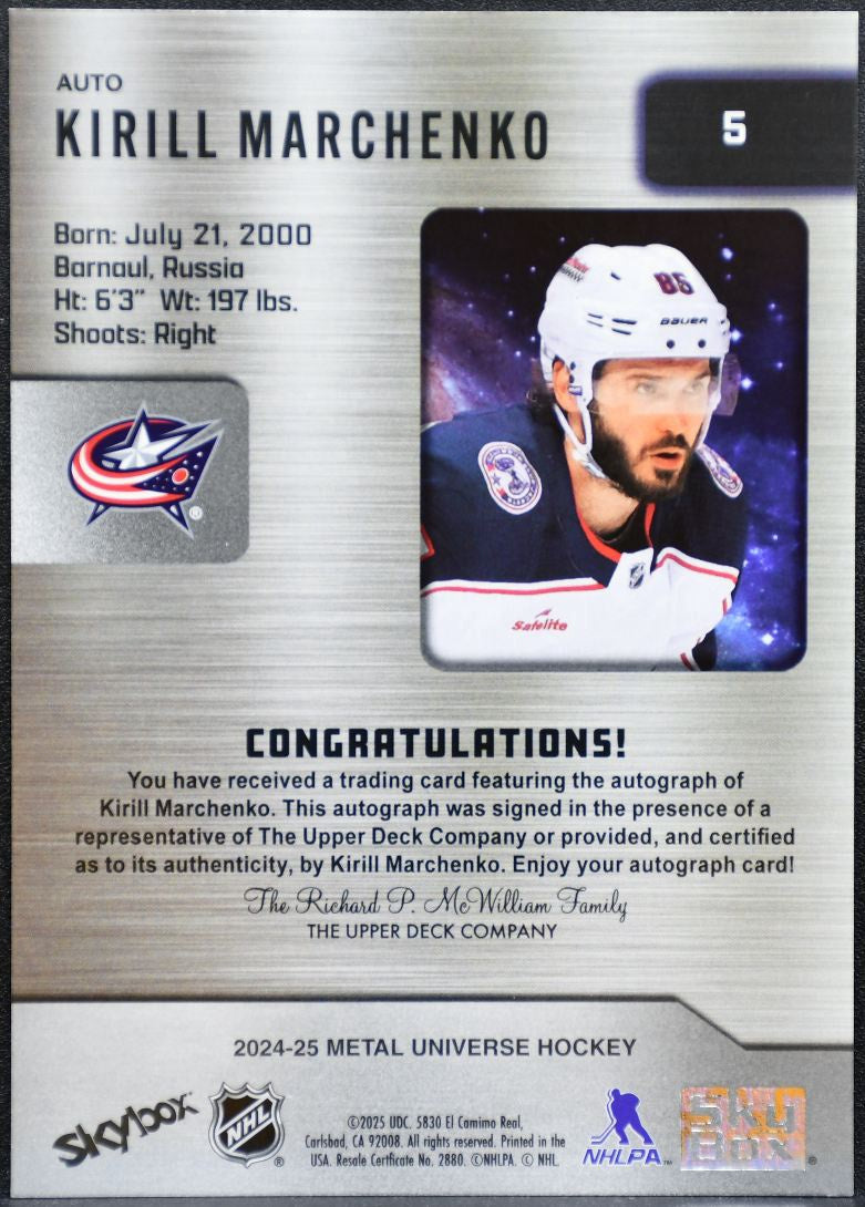 2024-25 SkyBox Metal Universe Base Autographs Kirill Marchenko Jackets Auto 5158