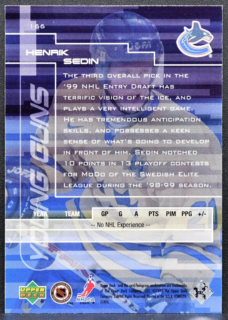 1999-100 Upper Deck Young Guns Henrik Sedin 166 Vancouver Canucks RC 8104