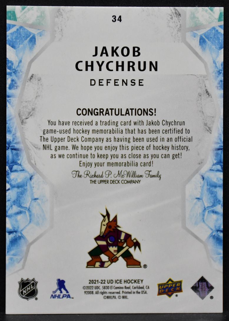 2021-22 UD Ice Base Jersey Jakob Chychrun 34 Arizona Coyotes Jersey