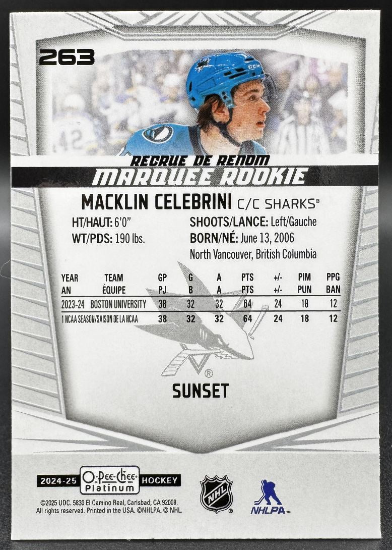 2024-25 O-Pee-Chee Platinum Sunset Marquee Rookie Macklin Celebrini RC