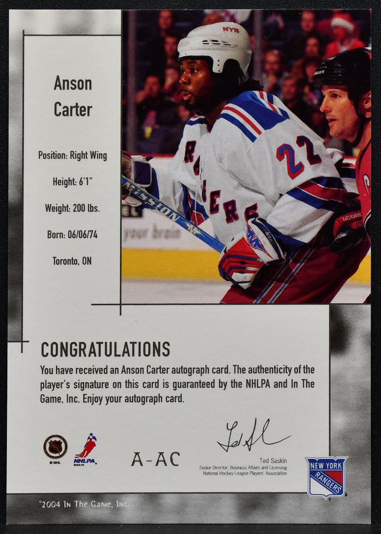 2003-04 In The Game Used Signature Series Anson Carter A-AC Rangers Auto 1431