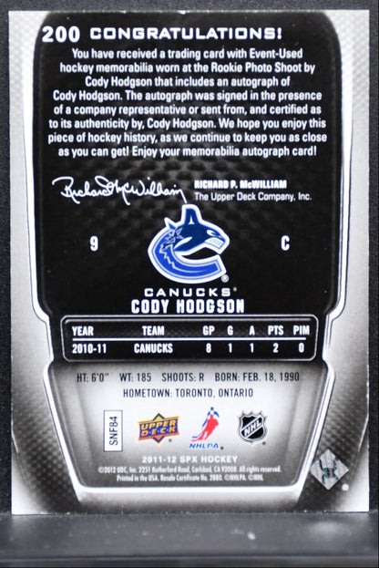 2011-12 SPx Rookie Jersey Auto Cody Hodgson RC Auto Jersey 3841