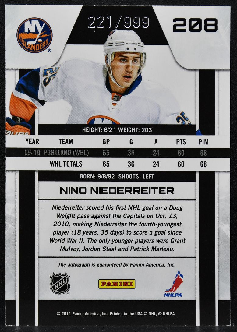 2010-11 Panini Zenith Rookie Nino Niederreiter 208 RC Auto 221/999 2736