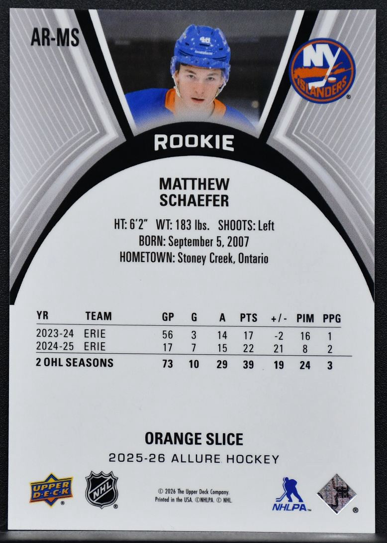 25-26 UD Allure Rookie Orange Slice Matthew Schaefer AR-MS New York Islanders RC 4596