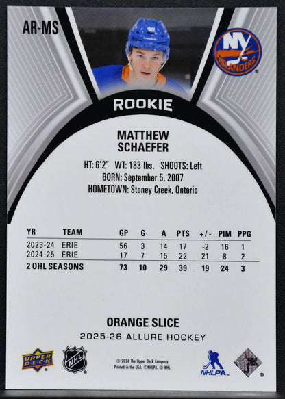 25-26 UD Allure Rookie Orange Slice Matthew Schaefer AR-MS New York Islanders RC 4596